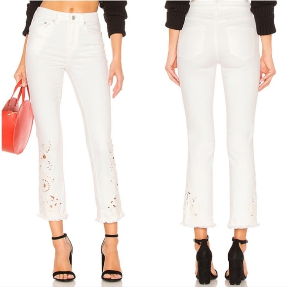 Free People Cutwork Cigarette Leg Jeans High Rise Floral Embroidery Ivory 27 NWT - Picture 16 of 16